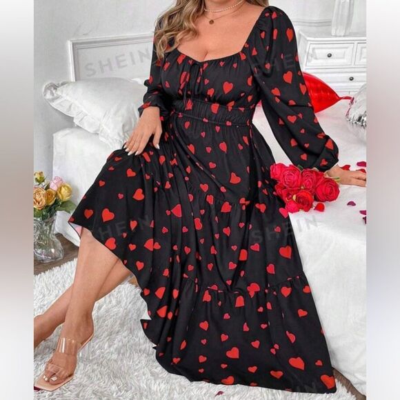 SHEIN Curve Women’s Plus Size 4XL Dress Black and Red Heart Print Dress - Picture 1 of 14